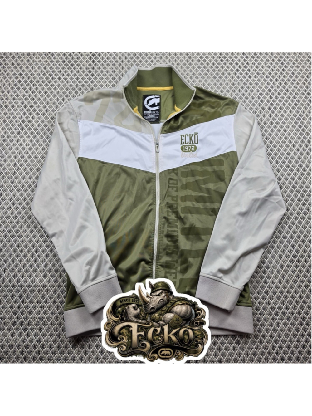 Vintage Ecko Unltd Track Jacket Full Zip Olive Green White Y2K Mens Large